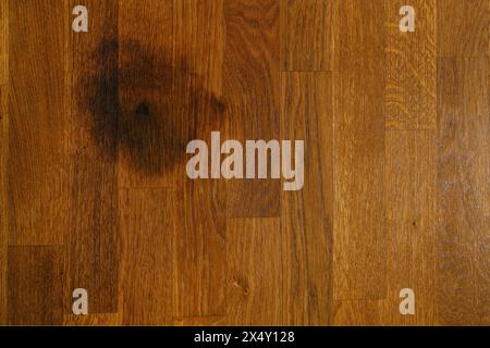 Vista dettagliata di un pavimento in parquet caratterizzato da una distinta macchia tannica su una superficie in legno testurizzato con ricche tonalità di marrone Foto Stock
