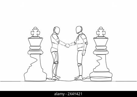Una sola linea disegna due robot che stringono le mani tra i pezzi del re degli scacchi. Accordo o partnership nel settore tecnologico. Conti Illustrazione Vettoriale