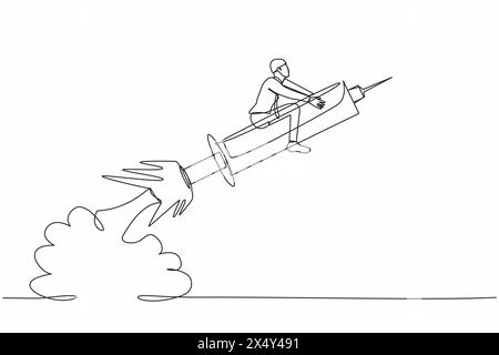 Un disegno continuo di un uomo d'affari che cavalca un razzo a siringa che vola nel cielo. Concetto di potenziare la salute, i vaccini, i virus, la medicina. Dynami Illustrazione Vettoriale