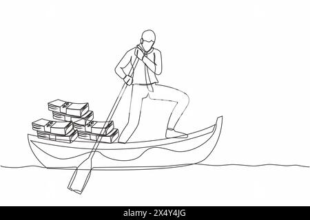 Uomo d'affari con una sola linea in piedi in barca e in barca a vela con un mucchio di banconote. Criminalità finanziaria, evasione fiscale, riciclaggio di denaro, corr. Politico Illustrazione Vettoriale