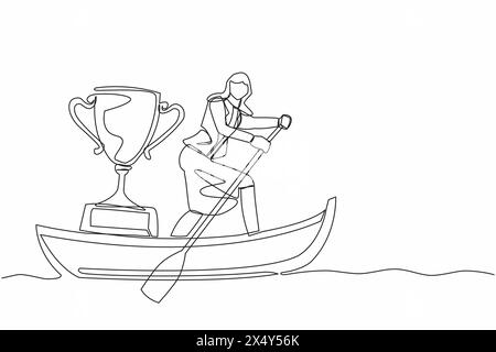 Una sola linea che attira un'attraente donna d'affari in barca con trofeo. Premio per il campionato mondiale di vela. Vincere una gara di sport acquatici. Illustrazione Vettoriale
