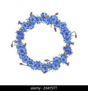 Lussureggiante corona di fiori blu, illustrazione ad acquerello. Elemento di composizione botanica isolato dallo sfondo. Adatto per cosmetici, aromatici Foto Stock