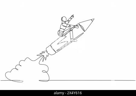 Una linea continua che disegna robot che cavalca un razzo a matita che vola nel cielo. Formazione tecnologica e creatività. Sviluppo tecnologico futuro. Artificiale Illustrazione Vettoriale