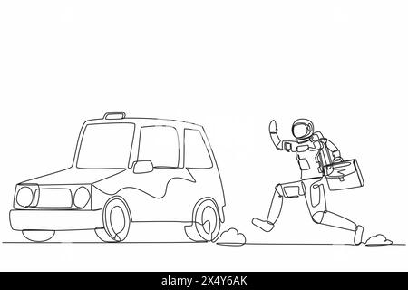 Un disegno su una sola linea di un giovane astronauta che corre a caccia di taxi sulla superficie lunare. Trasporto futuro nello spazio. Cosmonauta nello spazio profondo. Conti Illustrazione Vettoriale