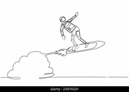 Una linea continua che disegna astronauta che cavalca il razzo da surf che vola sulla superficie lunare. Esplorazione tra pianeti nel vasto spazio. Cosmonauta fuori Illustrazione Vettoriale