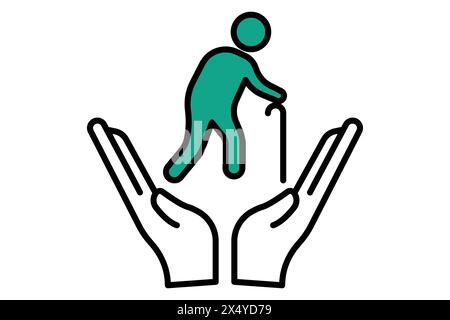 icona assicurazione. mano con anziani. icona relativa agli anziani. stile icona linea piatta. illustrazione dell'elemento di vecchiaia Illustrazione Vettoriale