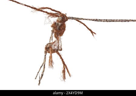 fune in fibra di cocco e fune in plastica riciclata in busta di polietilene con nodi e torsioni sfondo bianco isolato in vista ravvicinata Foto Stock
