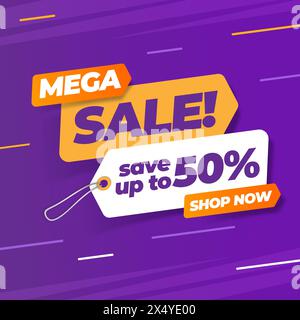 Promozione banner Web a sconto Mega sale. Progettare il modello in formato quadrato. Risparmia fino al 50%. Illustrazione Vettoriale