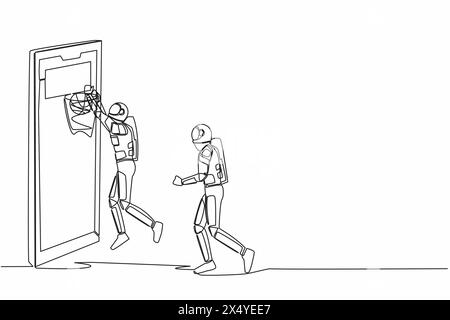 Una sola riga che attira due giocatori di basket astronauti in azione durante il gioco fuori dallo schermo dello smartphone. Un giocatore che sbatte nel cestino. Cosmi Illustrazione Vettoriale