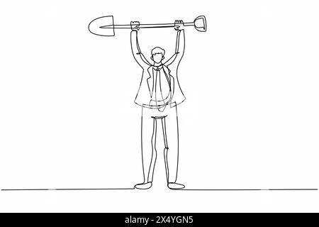 Linea singola continua che attira un giovane uomo d'affari in piedi e solleva una grande pala. Descrive duro lavoro, successo, successo, scoperta. Concetto di successo. Illustrazione Vettoriale
