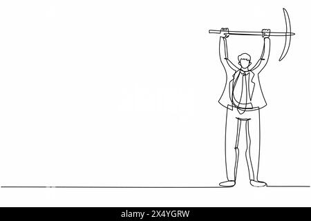 Linea singola continua che attira un giovane uomo d'affari in piedi e solleva una grande piccone. Descrive duro lavoro, successo, successo, scoperta. Concetto di successo Illustrazione Vettoriale