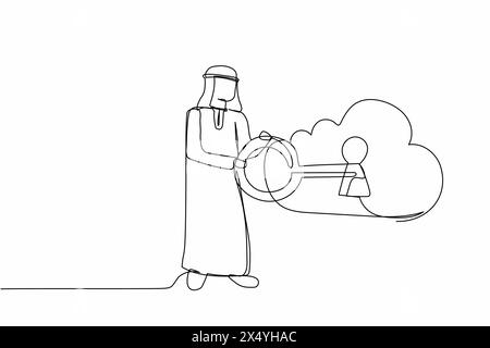 Un'unica linea continua disegna un uomo d'affari arabo che mette la chiave nel cloud. Stoccaggio di sicurezza. Autenticazione di sicurezza con blocco password cloud. Tecnologia Internet Illustrazione Vettoriale