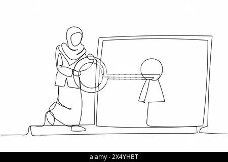 Una linea continua che disegna una donna d'affari araba ha messo la chiave nel computer portatile. Sicurezza Internet da parte degli hacker. Accesso alle informazioni crittografate sulla protezione dei dati Illustrazione Vettoriale