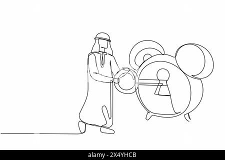 Linea singola continua che disegna un uomo d'affari arabo che mette la chiave grande nella sveglia. Concetto di scadenza del lavoro e progetto in corso di completamento. Gestione del tempo Illustrazione Vettoriale