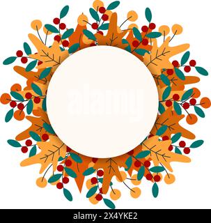 Cornice rotonda astratta di foglie e rametti di bacche con spazio di copia in tonalità autunnali alla moda modello isolare EPS biglietti di auguri, poster, banner, brochure, lettere o Web, promo, concetto di progettazione di etichette Illustrazione Vettoriale