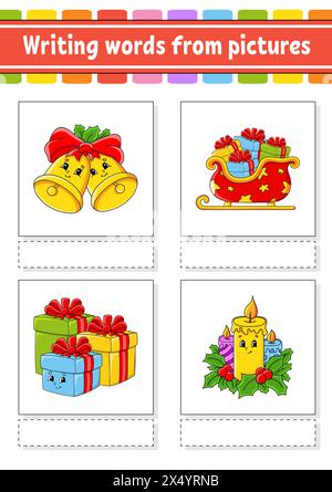 Scrivere parole da immagini. Imparare le parole in inglese. Foglio di lavoro per lo sviluppo dell'istruzione. Pagina attività a colori. personaggio dei cartoni animati. Illustrazione vettoriale. Illustrazione Vettoriale