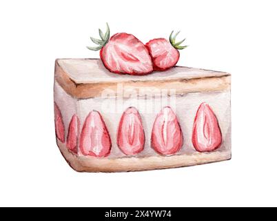 Fetta di torta all'acquerello con fragole Foto Stock