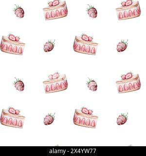 Motivo senza cuciture con torta acquerello e fragole Foto Stock