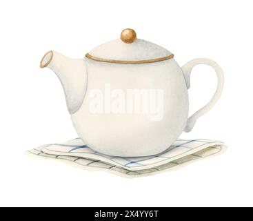 Teiera in ceramica bianca su tovagliolo da tavolo a righe o asciugamano illustrazione acquerello per menu caffetteria, pacchetti di tè alle erbe Foto Stock