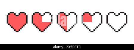 Barra di vita del gioco pixel. Vector ART 8 bit Health Heart bar. Controller di gioco, set di simboli. Illustrazione Vettoriale