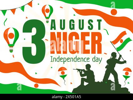 Happy Niger Independence Day illustrazione vettoriale il 3 agosto con Waving Flag e Country Public Holiday in Flat Cartoon background Design Illustrazione Vettoriale