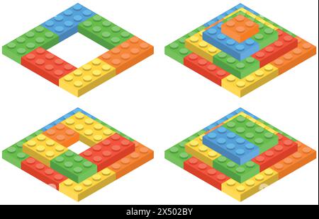 Set di blocchi per costruire mattoni colorati. Mattoncini giocattolo. progettazione 3d. Illustrazione vettoriale. EPS 10. Illustrazione Vettoriale