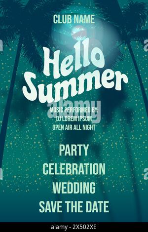 Poster del party party estivo Hello Summer Party Time Design Night Beach Palms Party, volantino Illustrazione Vettoriale