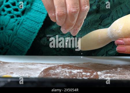 La donna spruzza l'impasto arrotolato di farina. Vicino allo stampo in plastica e al mattarello. Cucinare pan di zenzero. Foto Stock