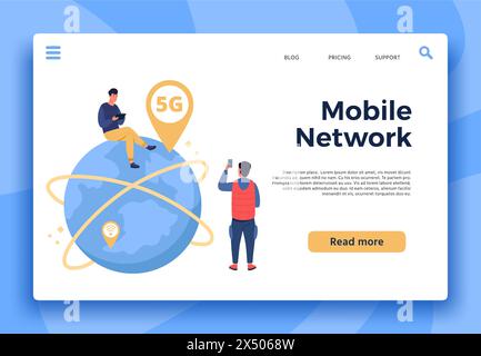 Pagina di destinazione della rete 5G mobile, connessione remota Illustrazione Vettoriale