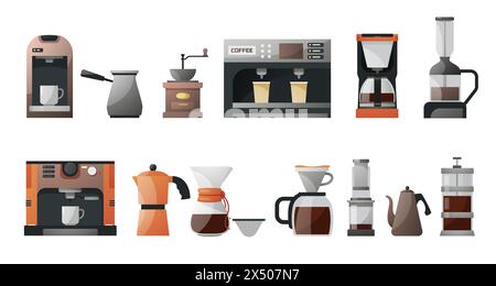 Dispositivi per la preparazione del caffè. Versare la macchina per il caffè all'americana, french press, caffettiera turca, macinacaffè, tazza di caffè. Apparecchiature Vector Coffee House Illustrazione Vettoriale