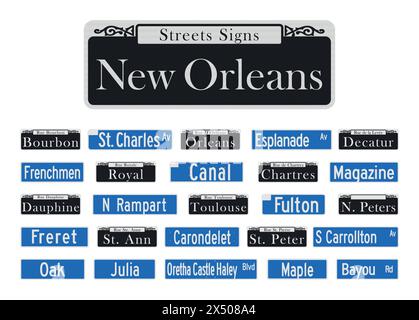 New Orleans Famous Streets Signs Collection in vettoriale Illustrazione Vettoriale