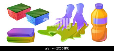 Articoli per la casa per la pulizia. Set illustrativo vettoriale di prodotti per la pulizia della casa - spugne e salviette per la pulizia, mani in guanti di gomma con straccio, bottiglia di plastica con detergente. Illustrazione Vettoriale