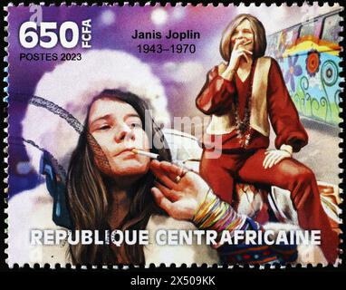 Pop star Janis Joplin su francobollo africano Foto Stock