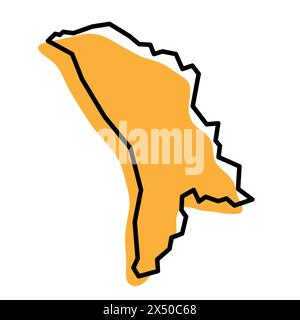 Mappa semplificata del paese della Moldavia. Silhouette arancione con contorni netti neri spessi isolati su sfondo bianco. Semplice icona vettoriale Illustrazione Vettoriale