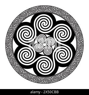 Casco vichingo, asce vichinghe incrociate e motivo scandinavo Illustrazione Vettoriale