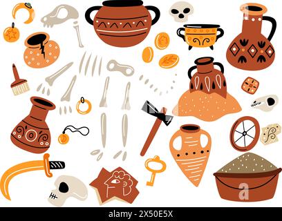 Archeologia dei cartoni animati. Spedizione di Paleontologia. Antica terracotta. Scheletro di dinosauro. Cranio e ossa. Attrezzature per scavi. Benna rettificata. Storico Illustrazione Vettoriale