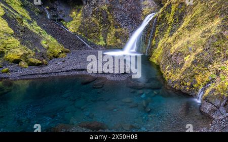 Vista aerea di Kulufoss nel Thakgil Canyon, Katla Geopark, Islanda meridionale, Islanda Foto Stock
