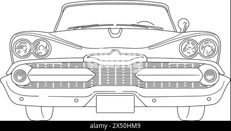 Vista frontale di un'auto americana d'epoca della fine degli anni '1950, illustrazione vettoriale di line art Illustrazione Vettoriale