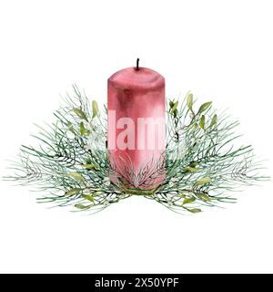 Rami di pino sempreverdi di Natale con composizione di candele rosse. Allestimento disegnato a mano per il nuovo anno, decorazioni invernali tradizionali per biglietti d'auguri, regalo Foto Stock