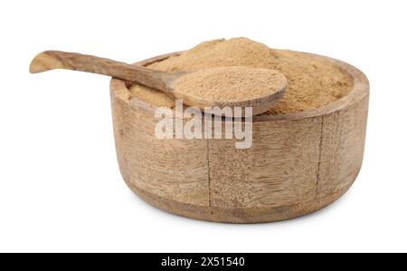 Fibra alimentare. Polvere di buccia di psiclio in ciotola e cucchiaio isolato su bianco Foto Stock