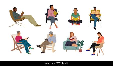 Gruppo di persone diverse, uomini e donne che leggono libri Illustrazione Vettoriale