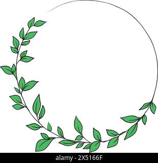 Cornice botanica rotonda. Corona circolare. Lettera o con rami verdi. Carattere floreale. Alfabeto artistico con motivi botanici. Illustrazione Vettoriale