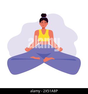 Carina ragazza dei cartoni animati seduta in posa yoga. Meditazione e yoga. Giornata internazionale di yoga. Personaggio femminile che fa yoga. Illustrazione vettoriale Illustrazione Vettoriale