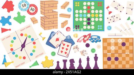 Giochi da tavolo per famiglie. Svago, riunioni o fine settimana collezione di giochi. Mazzo di carte, cubi e domino, mahjong, cartoni animati vettoriali decenti Illustrazione Vettoriale