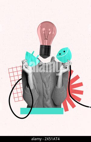 Immagine creativa verticale immagine giovane donna senza testa lampadina lampadina spina elettrica CONNECT Power idea Concept eureka Foto Stock