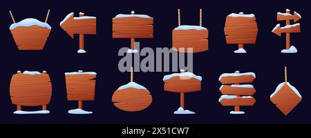 Striscioni invernali in legno. Tavole singole innevate in legno con ciaspole e ghiaccioli. Insegne di direzione dei cartoni animati, cartelloni pubblicitari vuoti. Elementi vettoriali natalizi Illustrazione Vettoriale