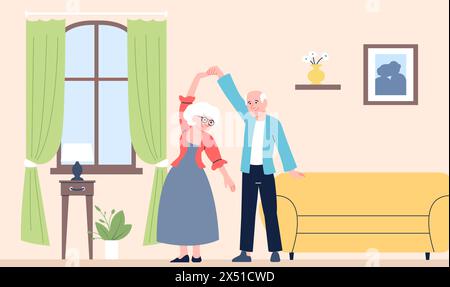 Anziani che ballano. Le coppie anziane si divertono e ballano a casa. Stile di vita attivo di anziani, amore e romanticismo. Passare del tempo in famiglia, vettore recente Illustrazione Vettoriale