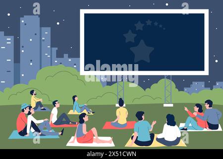 Cinema all'aperto. Giovani single e coppie sedute su plaid e in attesa di un film su uno schermo gigante nel parco cittadino. Intrattenimento notturno, vettore recente Illustrazione Vettoriale