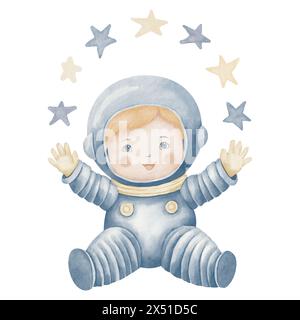 Illustrazione dell'acquerello del cosmonauta. Astronauta disegnato a mano in uno spazio con stelle su sfondo isolato. Disegno di Boy Spaceman per biglietti d'auguri Baby Shower o inviti di compleanno colori pastello. Foto Stock