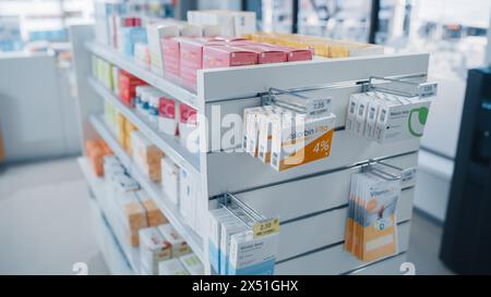 Farmacia moderna Drugstore con scaffali pieni di pacchetti con medicina moderna, farmaci pillole, scatole con vitamine e integratori, prodotti per la salute e bellezza. Scatto ad angolo alto Foto Stock